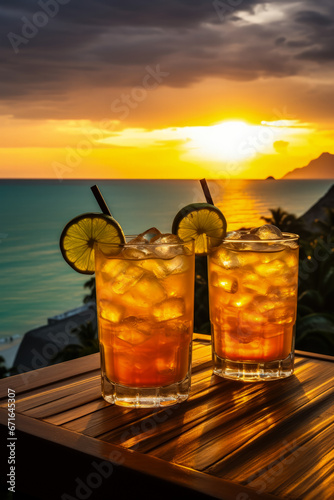 Rum cocktails overlooking a captivating Caribbean sunset isolated on a white background 