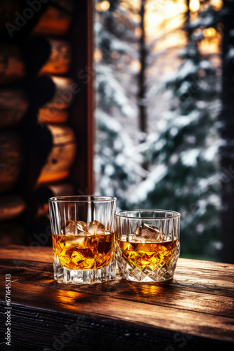 Cold whiskey sampling in cozy winter cabin background with empty space for text 