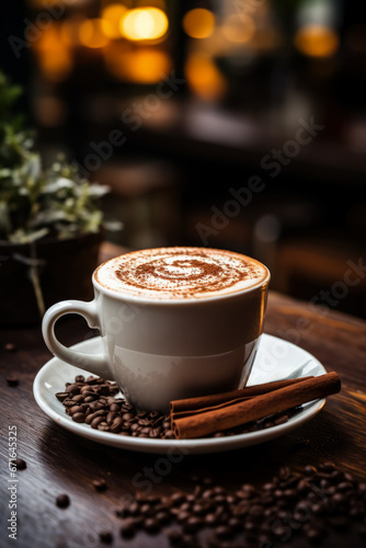 Artisanal hot chocolate in cozy cafe setting background with empty space for text 