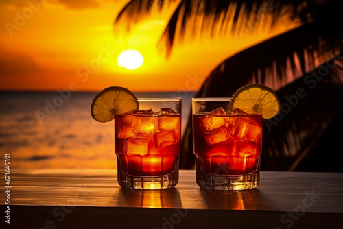 Rum cocktails against Caribbean sunset background with empty space for text 