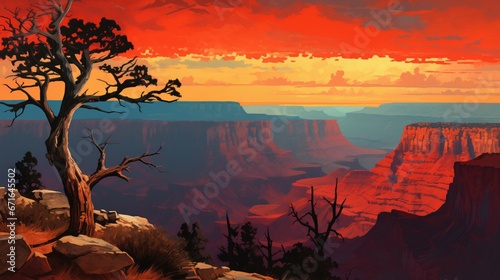 Magnificent golden hour sunset view high above grand canyon like valley with weathered and eroded rock formations and tall sandstone cliffs, solitary tree and sparse desert vegetation, stunning vista. photo