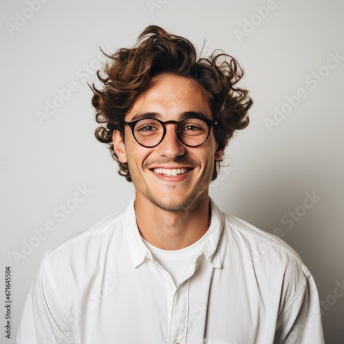 Male with glasses White millennial gen x adult facial portait on white background upclose facial white shirt black brown hair photo