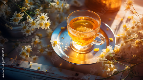 cup of tea with lemon and chamomile on a wooden table