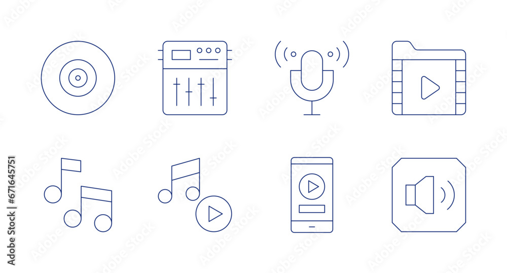 Multimedia icons. Editable stroke. Containing microphone, phone, equalizer, music, video file, volume, music and multimedia, musical note.