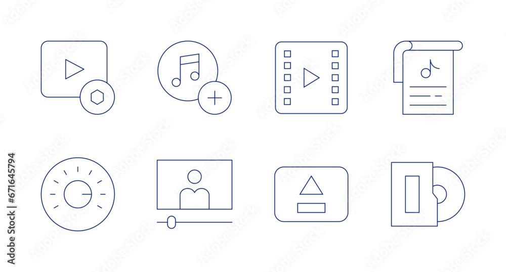 Multimedia icons. Editable stroke. Containing playlist, video, volume control, eject, music sheet, vinyl.
