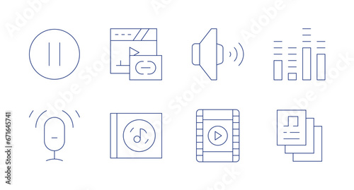 Multimedia icons. Editable stroke. Containing link, music album, pause, podcast, volume, movie, sound bars, music file.