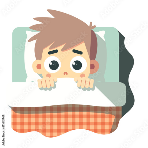 Young boy with wide eyes and tousled hair, sitting up in his bed with blankets pulled up to his chin, looking startled, flat style vector illustration, Scared boy hiding behind bedsheets, stock vector