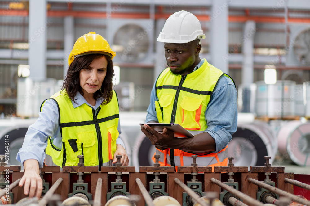 female engineer supervisor advice technician foreman to inspect spare part equipment of production machine conveyor belt, team of diverse workers working together at industrial manufacturing factory female engineer supervisor advice technician foreman to inspect spare part equipment of production machine conveyor belt, team of diverse workers working together at industrial manufacturing factory