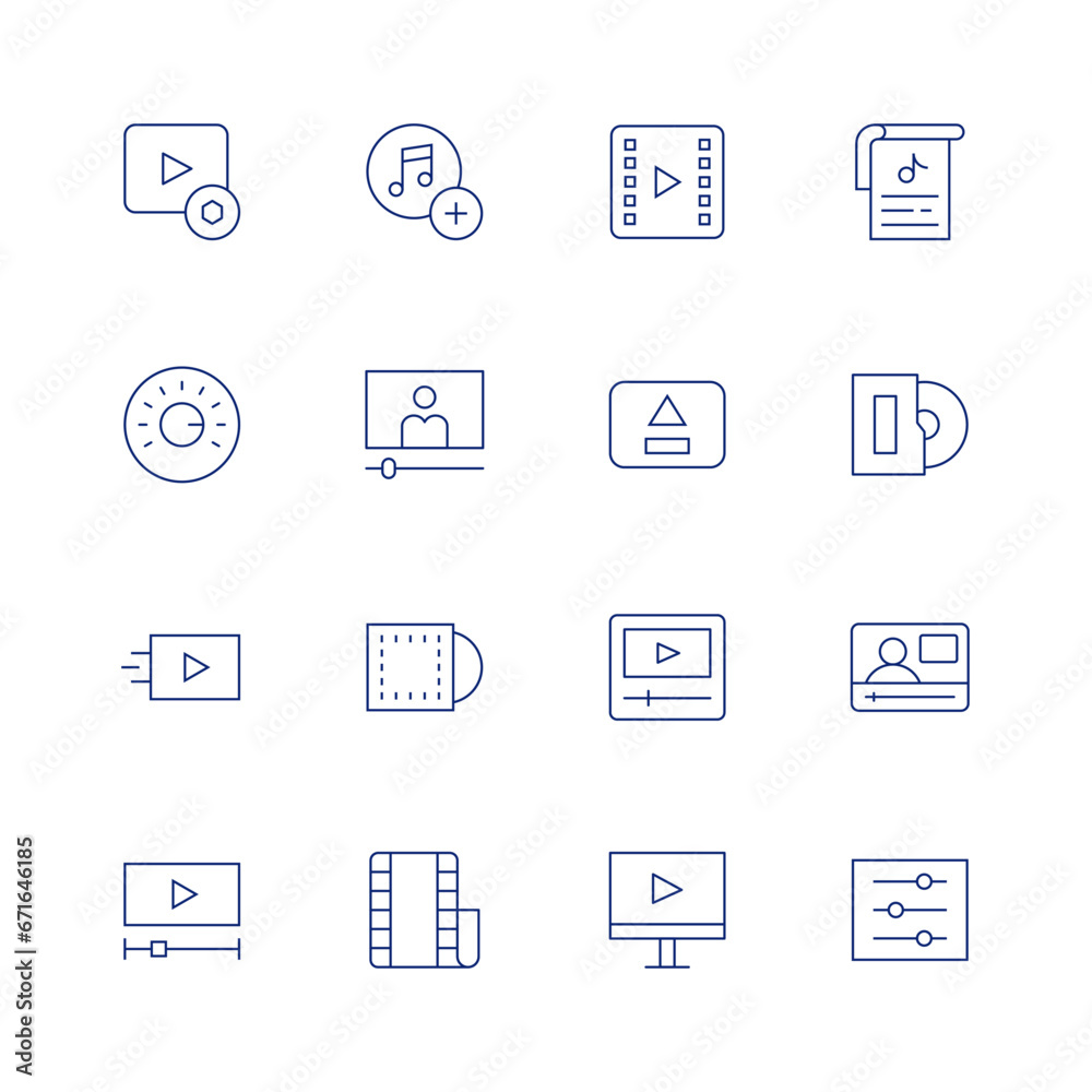 Multimedia line icon set on transparent background with editable stroke. Containing playlist, video, cd, film, volume control, video player, eject, music sheet, vinyl, setup.