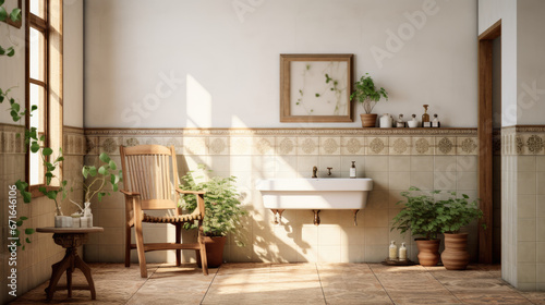 a white bathroom with a tub and potted plants