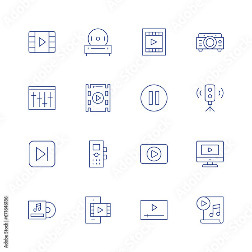 Multimedia line icon set on transparent background with editable stroke. Containing cd player, film, tape recorder, smartphone, video, equalizer, last, music album, movie, pause, player, video player.