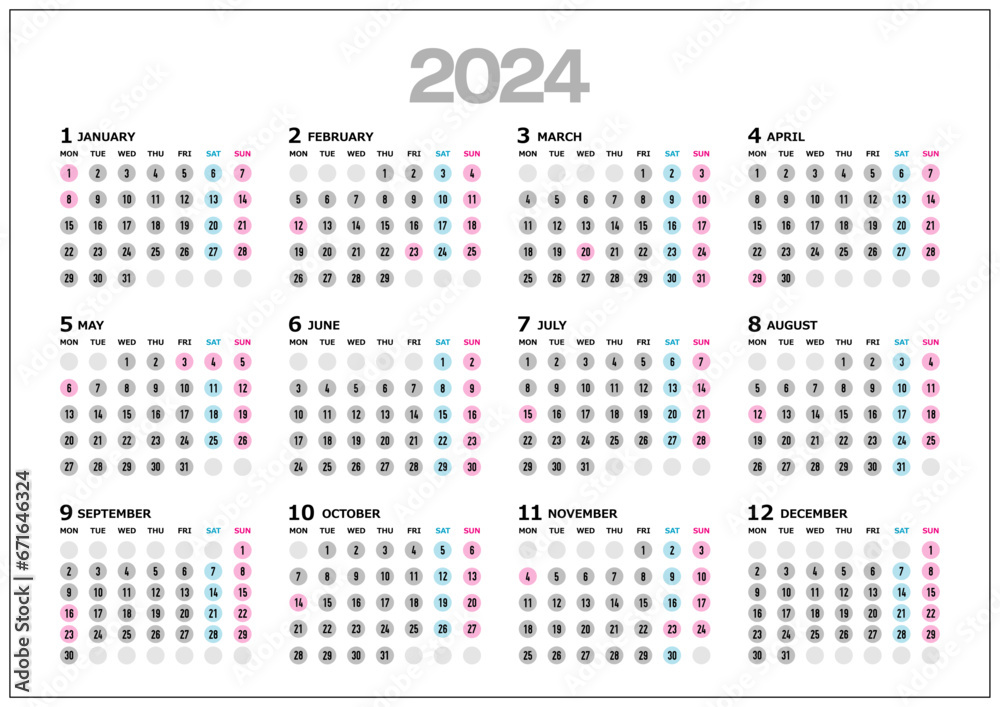 2024年の年間カレンダー 月曜始まり_横位置03