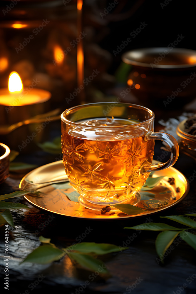 cup of tea with lemon and leaves on a black table cup of tea with lemon and leaves on a black table