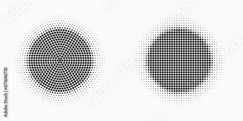 Halftone circle frame abstract dot logo emblem design element set. Half tone circular icon. Original round border using halftone circle dots raster texture. 