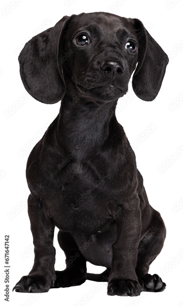 Beautiful puppy, purebred dog, black dachshund dog calmly sitting isolated on transparent background. Concept of motion, pets love, animal life. Looks happy, funny. Doggy with shiny black hair.
