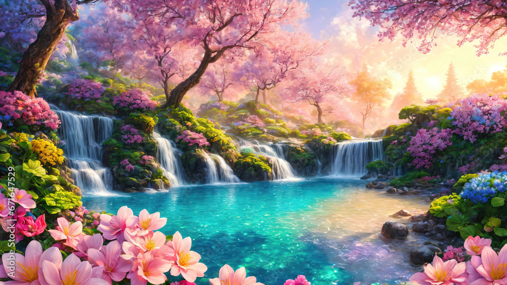 A beautiful paradise land full of flowers,  sakura trees, rivers and waterfalls, a blooming and magical idyllic Eden garden - obrazy, fototapety, plakaty 
