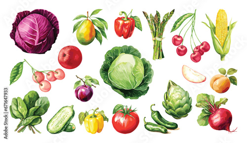 Watercolor painted collection of vegetables and fruits. Hand drawn fresh food design elements isolated on white background.