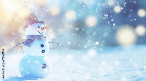 snowman on a background of snow and winter landscape with blurred snowflakes and blurred evening lights