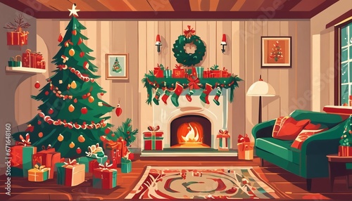 Oil pastel hand-painted Christmas card illustration in vintage style  featuring a home interior with a family  Christmas tree  presents  and decorations