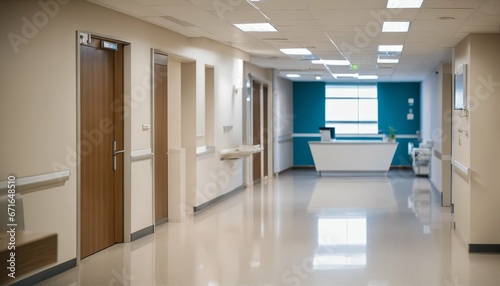 Hospital reception clinic in a hallway with an unfocused background