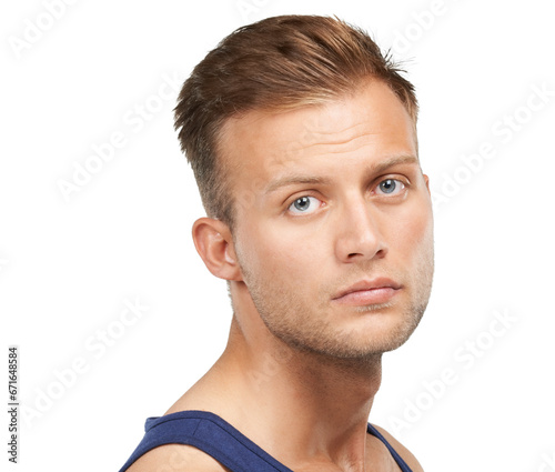 Portrait, beauty and blue eyes with a man in studio isolated on a white background for aesthetic wellness. Face, skincare and natural with a confident young model looking confident or masculine