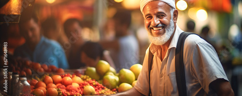 An old smiling street vendor selling colorful fruits in a marketplace in Middle East