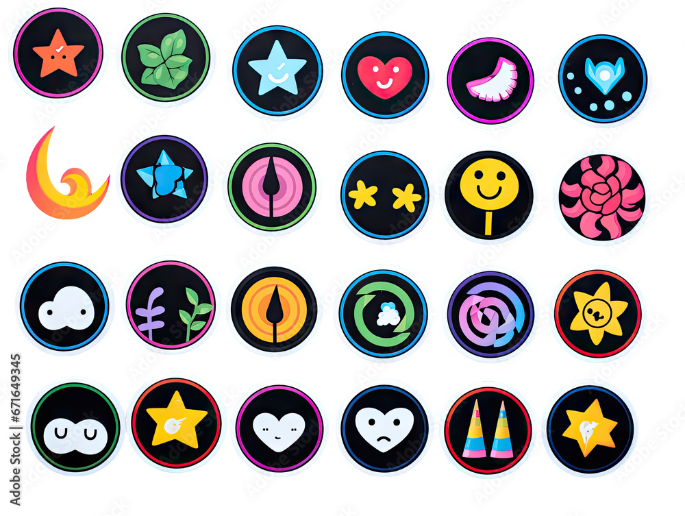 Set of fun stickers with little flowers, stars, rainbows, kittens and various kawaii pets for decoration of all kinds on a transparent background. Set of fun stickers with little flowers, stars, rainbows, kittens and various kawaii pets for decoration of all kinds on a transparent background.