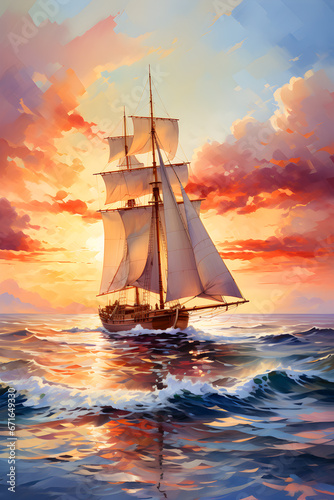 watercolor sailboat on sunset background © EvhKorn