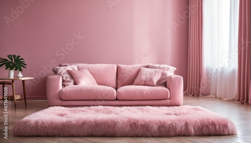 Soft sofa in pink living room  Decorated with fluffy blanket and soft pillows