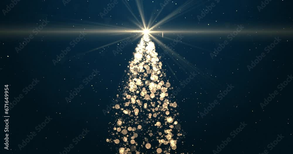 Bright Christmas tree with twinkling lights and snowflakes floating on blue background. Winter holidays, New Year, festive decorations concept. Seamless looping animation 4k