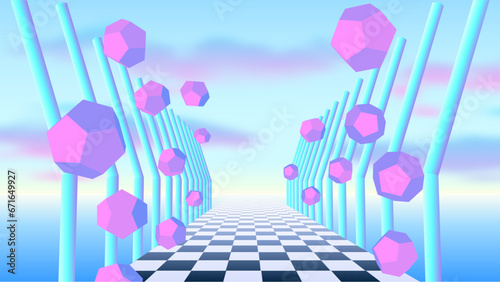 Vaporwave corridor of pillars with flying 3D donut shapes and sun in 90s style. Abstract surreal retro background for party poster or music cover.