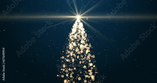 Bright Christmas tree with twinkling lights and snowflakes floating on blue background. Winter holidays, New Year, festive decorations concept. Seamless looping animation 4k