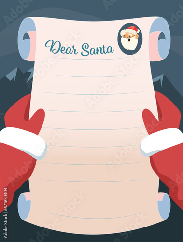 A letter template for Santa Claus. Scroll holding in his hands, vector graphics for Christmas and new year, children's illustration