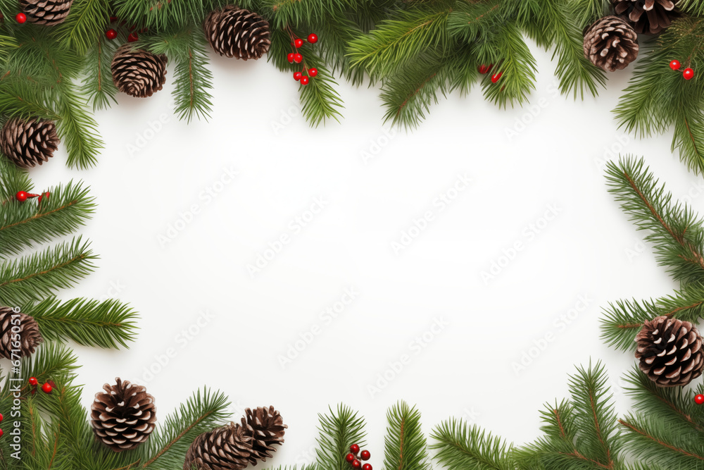 New Year holiday frame background. Christmas tree branches on white background op view
New Year holiday frame background. Christmas tree branches on white background op view
