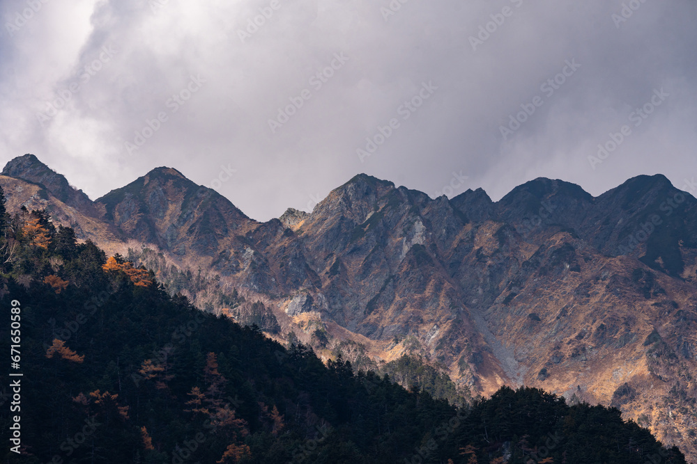 Yellow red pine trees alongside Azusa river and have mount Yake in background during autumn period in Kamikochi national park in Matsumoto, Nagano, Japan, Beautifully colored leaves in forest