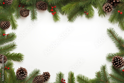 New Year holiday frame background. Christmas tree branches on white background op view 