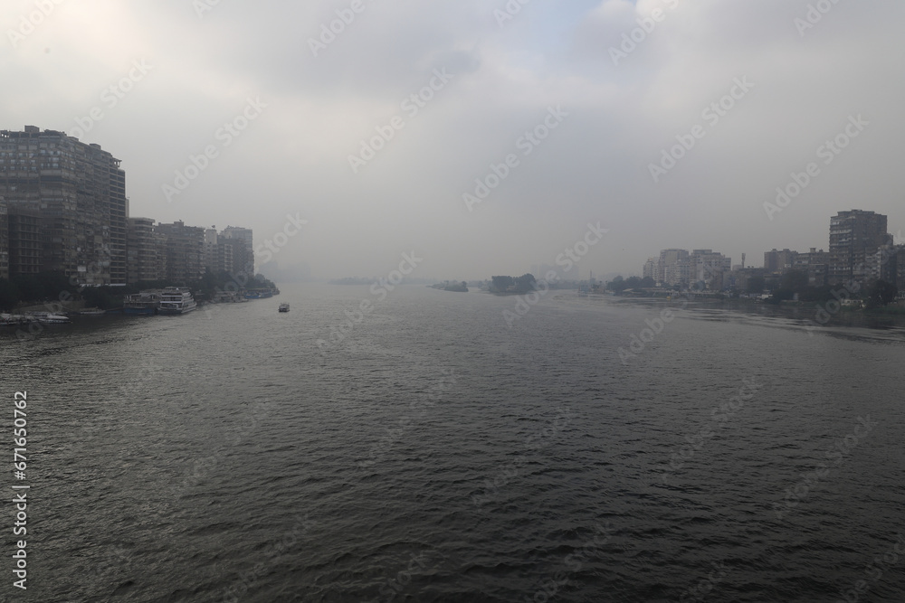 The Nile, river, fog, buildings