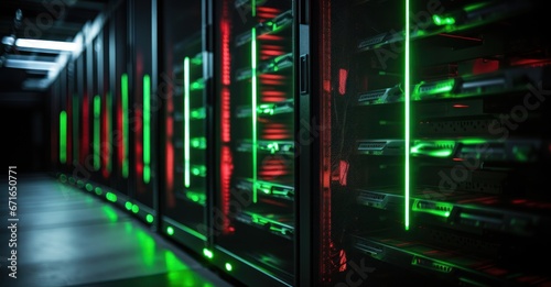 server racks under stark overhead lights, with one servers indicator light turning from green to red