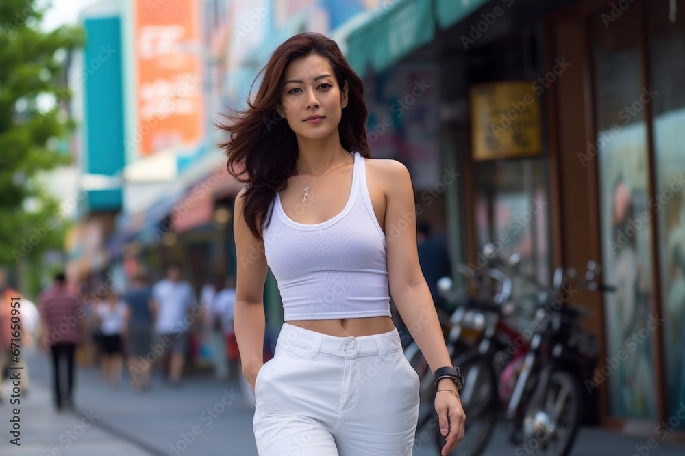 Young Asian woman wearing tank top walking street