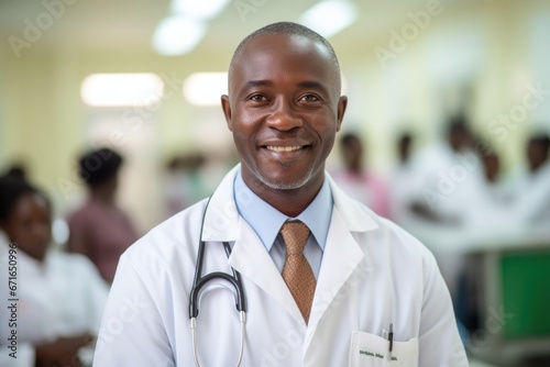 Confident smiling doctor posing and the hospital with arms crossed and medical team working on the background
