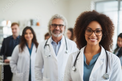 Portrait of a young nursing student standing with her team in hospital, dressed in scrubs, Doctor intern . High quality photo