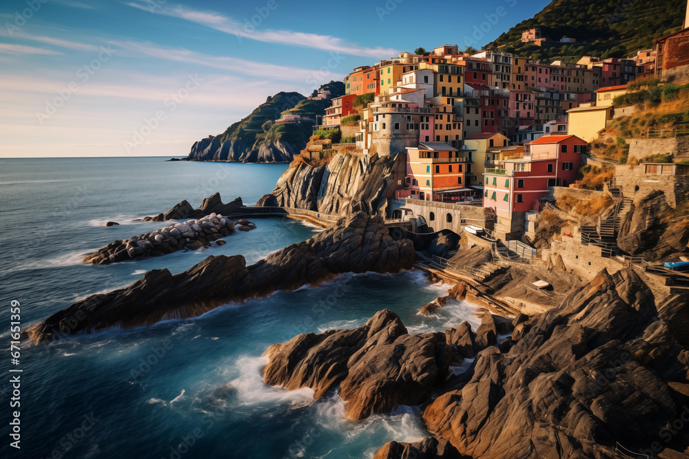Landscape of the Cinque Terre ,Italy, The image shows a small town on a cliff overlooking the ocean.