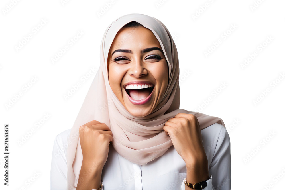 custom made wallpaper toronto digitala quality stock photograph of a happy young islam woman laughs and screams with joy isolated on white or transparant background