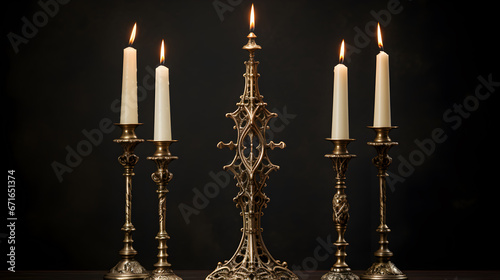 candlestick with burning candles on dark background