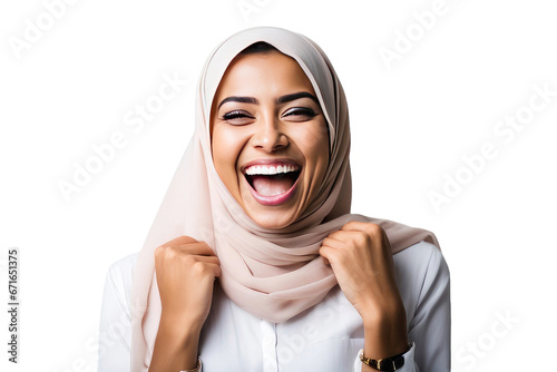 a quality stock photograph of a happy young islam woman laughs and screams with joy isolated on white or transparant background photo