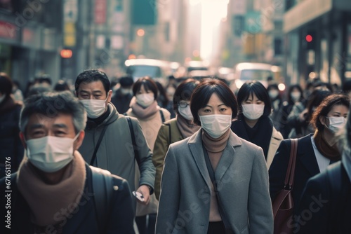 Crowd of Asian people wearing masks walking street photo