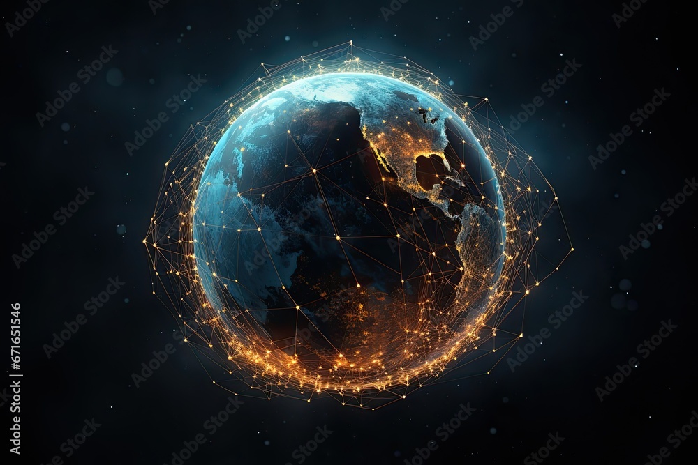 Obraz premium Digital data network connection on Earth. Global communication and technology concept. Generative AI