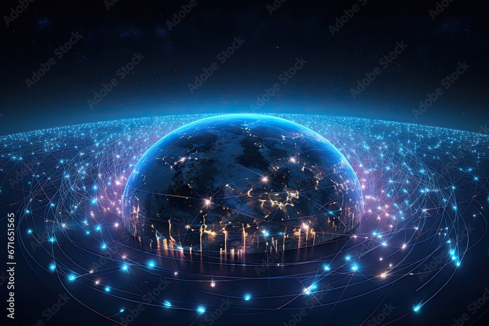 Fototapeta premium Digital data network connection on Earth. Global communication and technology concept. Generative AI