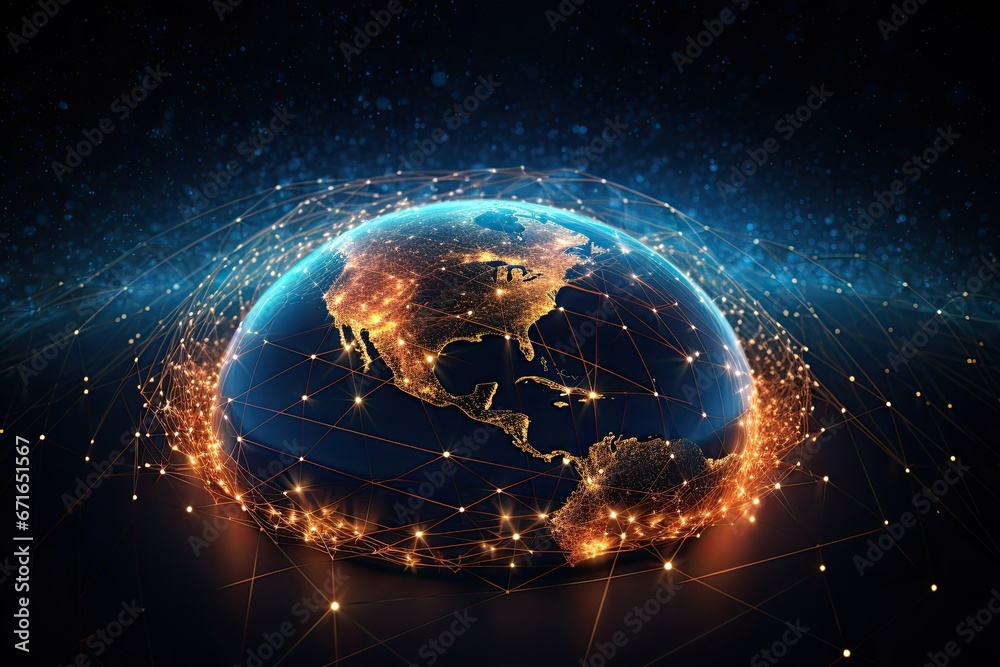 Obraz premium Digital data network connection on Earth. Global communication and technology concept. Generative AI