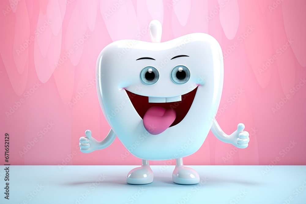 Obraz premium Cute happy cartoon tooth. Dental care. Generative AI